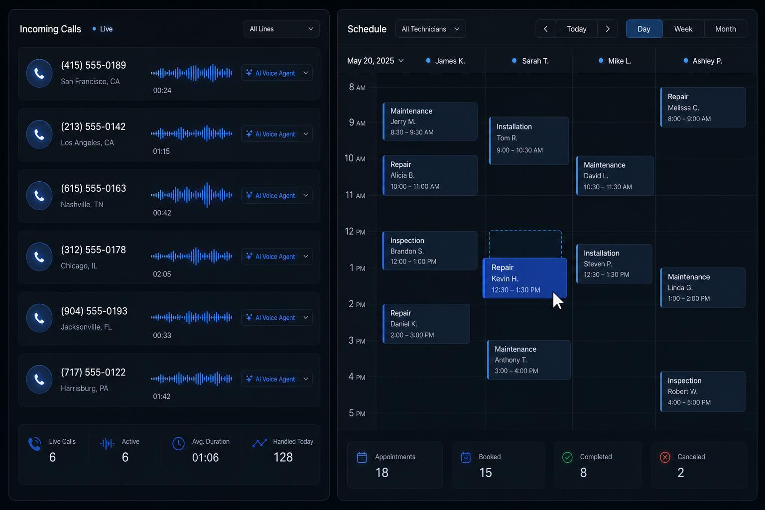 Live AI dispatch console routing inbound calls into a scheduling CRM grid