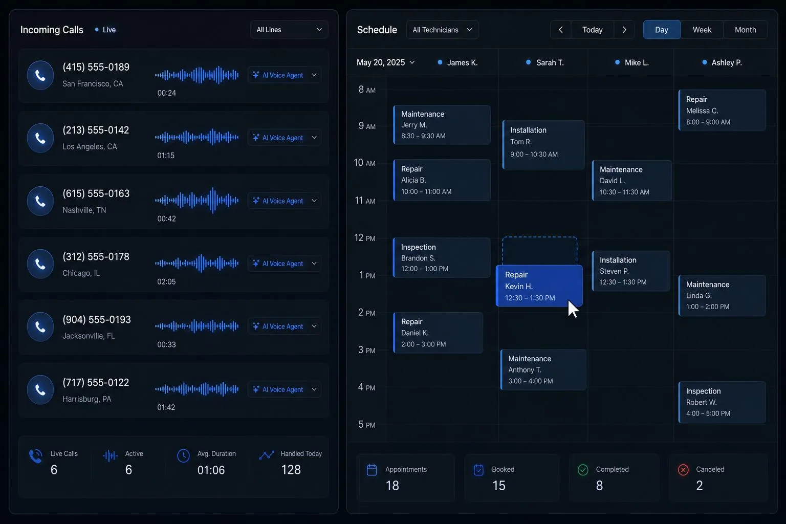 Live AI dispatch console routing inbound calls into a scheduling CRM grid